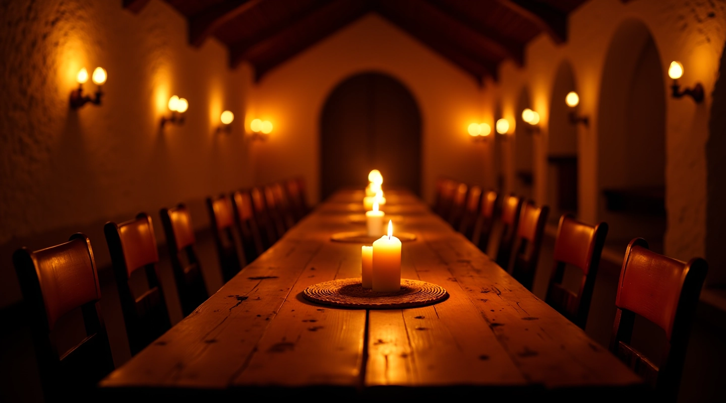 Medieval banquet hall with long wooden tables, candlelit atmosphere, and historic stone architecture in Tallinn cellar