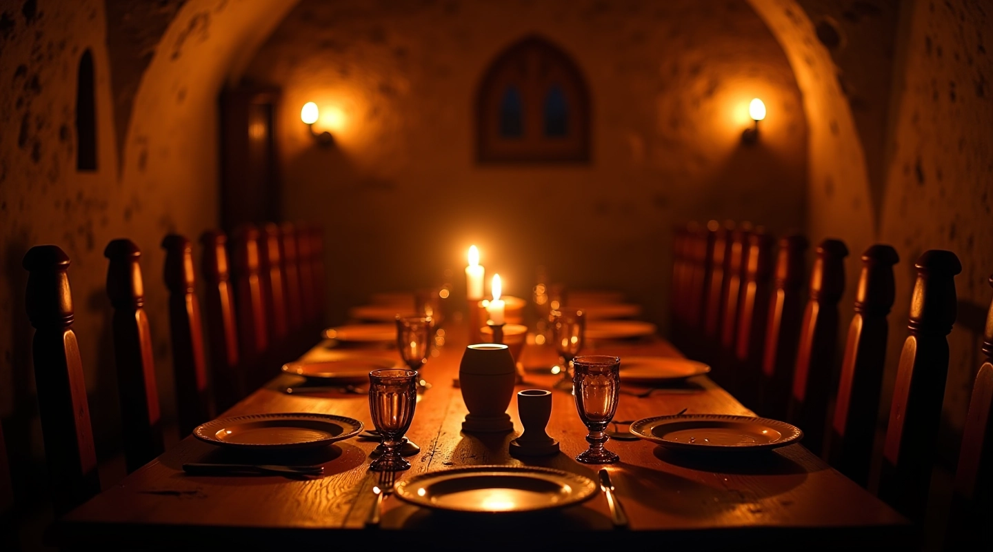 Medieval banquet table with candlelight, period silverware, and goblets in historic stone cellar setting