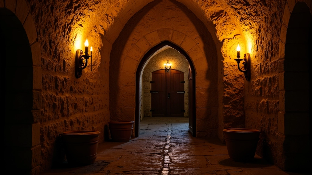 Stone archway entrance to medieval cellar with torch-lit passage and historic architectural features