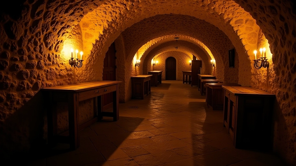 Historic medieval cellar with stone arches and authentic period atmosphere