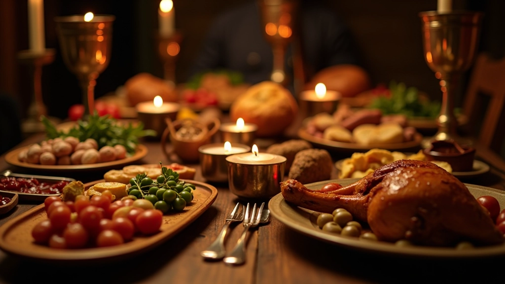 Medieval feast spread with roasted meats, bread, vegetables, and wooden plates arranged on candlelit table