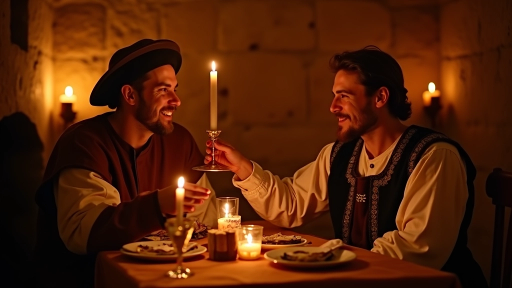 Two people in medieval costume at banquet table, one raising goblet in toast, candlelit stone cellar background, warm atmospheric lighting